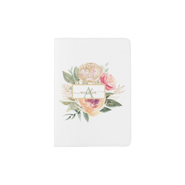 Peony and Gold Flowers Monogram Name Passport Holder (Front)
