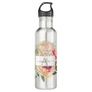Peony and Gold Flowers Monogram Name Stainless Steel Water Bottle