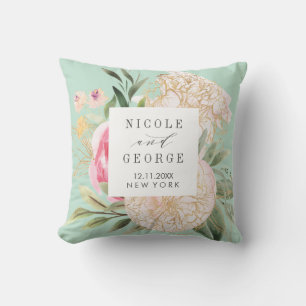 Peony and gold flowers monogram wedding keepsake throw pillow