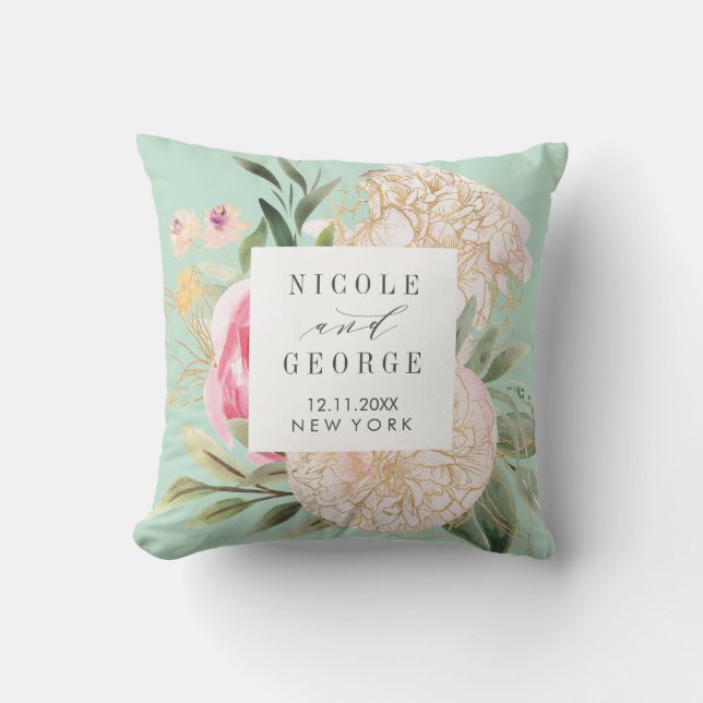 Peony and gold flowers monogram wedding keepsake throw pillow (Front)