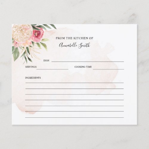 Peony and Gold Flowers Name Recipe Card