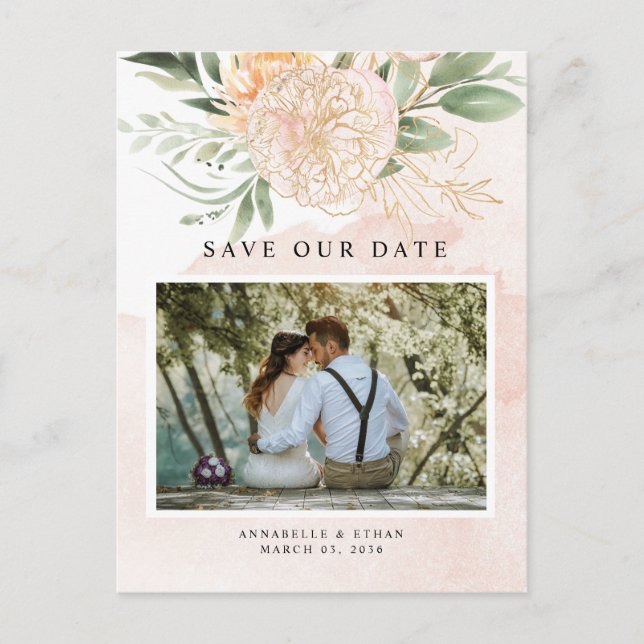 Peony and Gold Flowers Save the date Postcard (Front)
