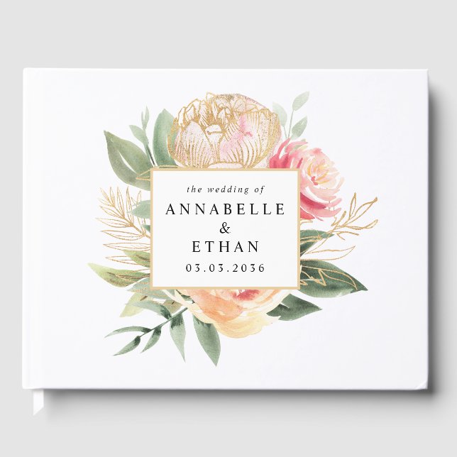 Peony and Gold Flowers Wedding Guest Book (Front)