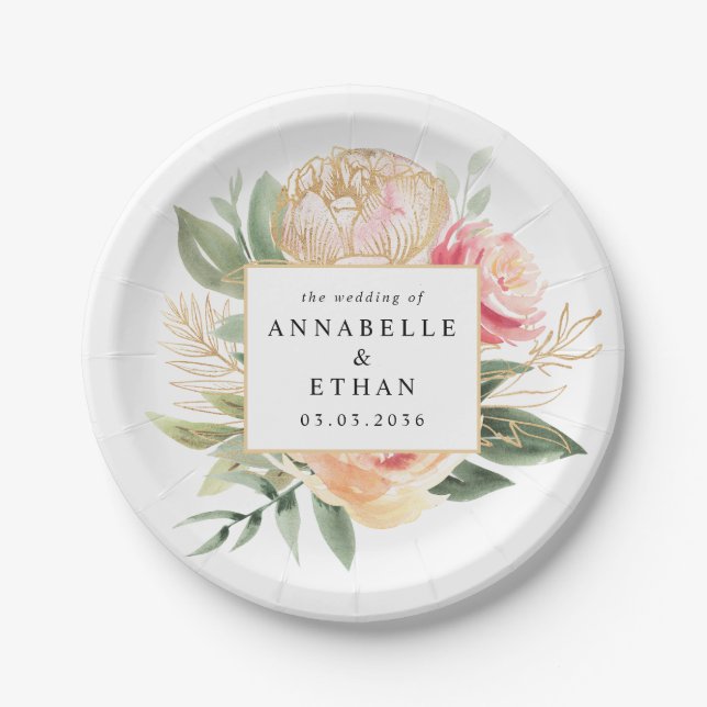 Peony and Gold Flowers Wedding Paper Plates (Front)