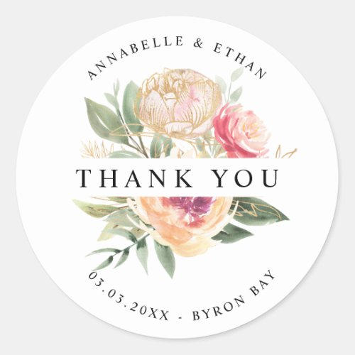 Peony and Gold Flowers Wedding Thank you sticker