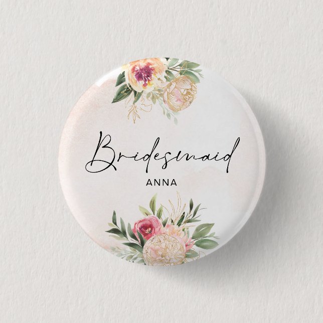 Peony and Gold Foil Bloom Badge Button (Front)