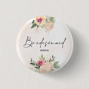 Peony and Gold Foil Bloom Badge Button