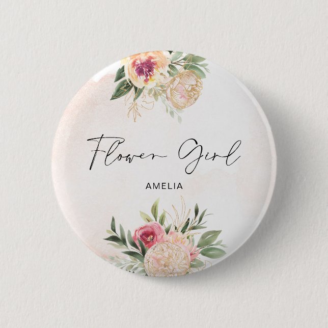Peony and Gold Foil Bloom Flower Girl Badge Button (Front)