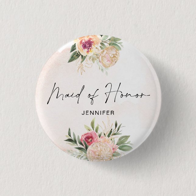 Peony and Gold Foil Bloom Maid of Honor Badge Button (Front)