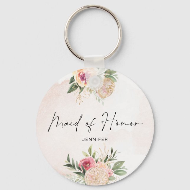 Peony and Gold Foil Bloom Maid of Honor Key Ring (Front)