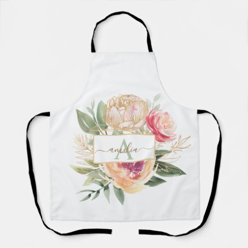 Peony and Gold Foil Bloom Monogram Name Apron