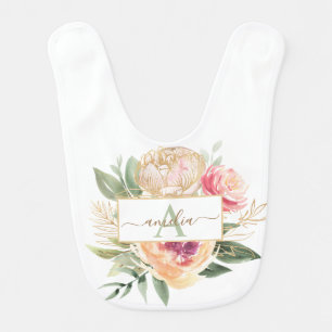 Peony and Gold Foil Bloom Monogram Name  Baby Bib