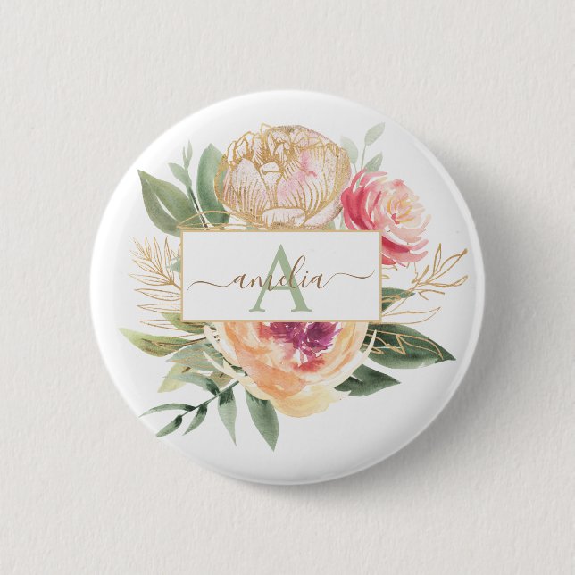 Peony and Gold Foil Bloom Monogram Name Badge Button (Front)
