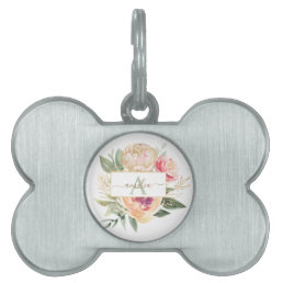 Peony and Gold Foil Bloom Monogram Name Pet Tag