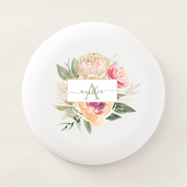 Peony and Gold Foil Bloom Monogram Name Wham-O Frisbee (Front)