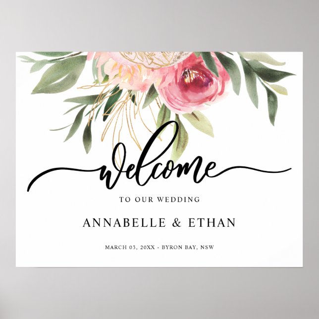 Peony and Gold Foil Bloom Welcome Sign (Front)