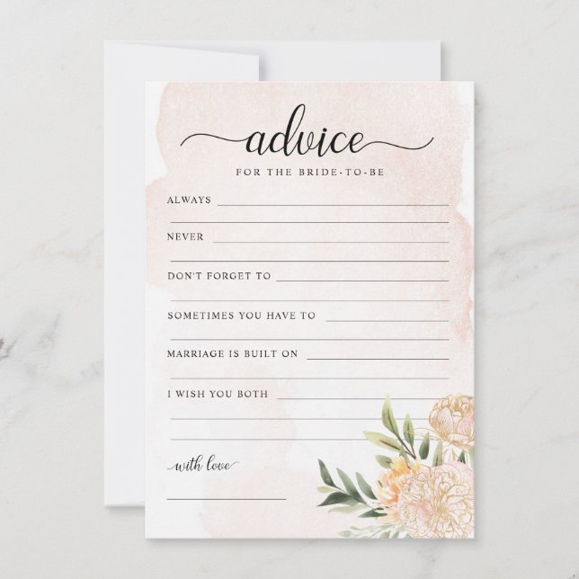 Peony and Gold Foil Blooms Bride To Be Advice Card (Front)