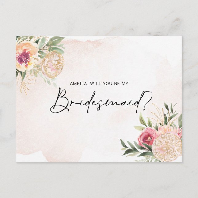 Peony and Gold Foil Blooms Bridesmaid Post Card (Front)