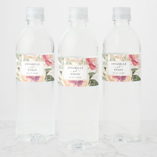 Peony and Gold Foil Blooms Water Bottle Label