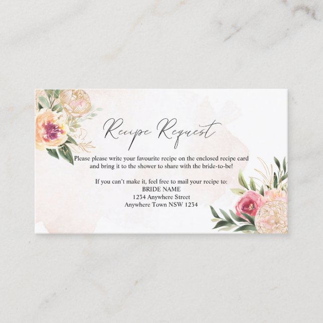 Peony and Gold Foil Flowers Recipe Request Card (Front)