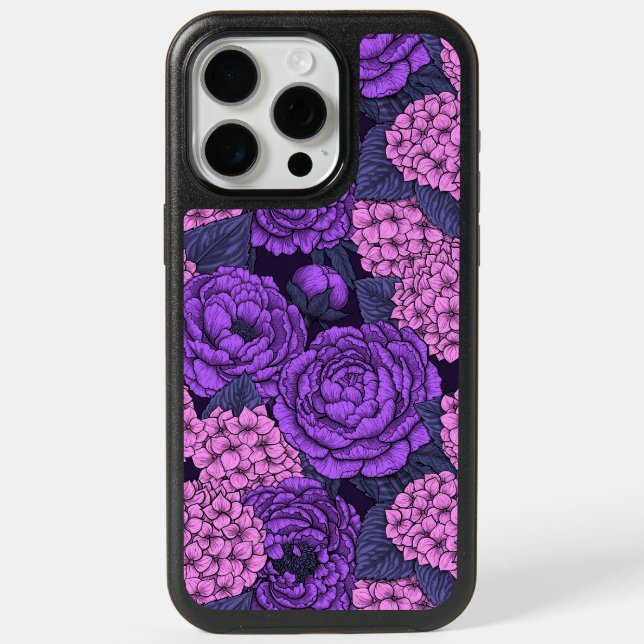 Peony and hydrangea in pink and violet iPhone 15 pro max case (Back)