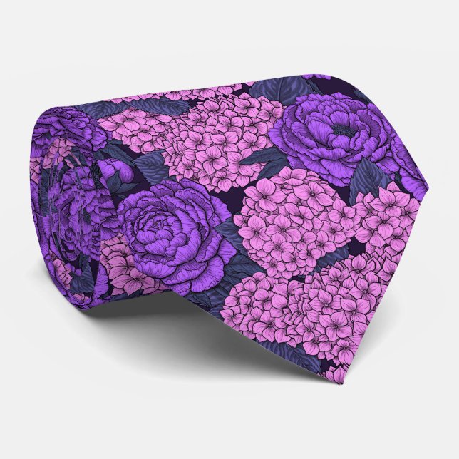 Peony and hydrangea in pink and violet neck tie (Rolled)