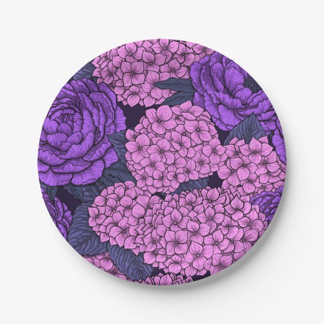 Peony and hydrangea in pink and violet paper plates (Front)