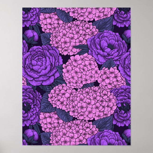 Peony and hydrangea in pink and violet poster (Front)
