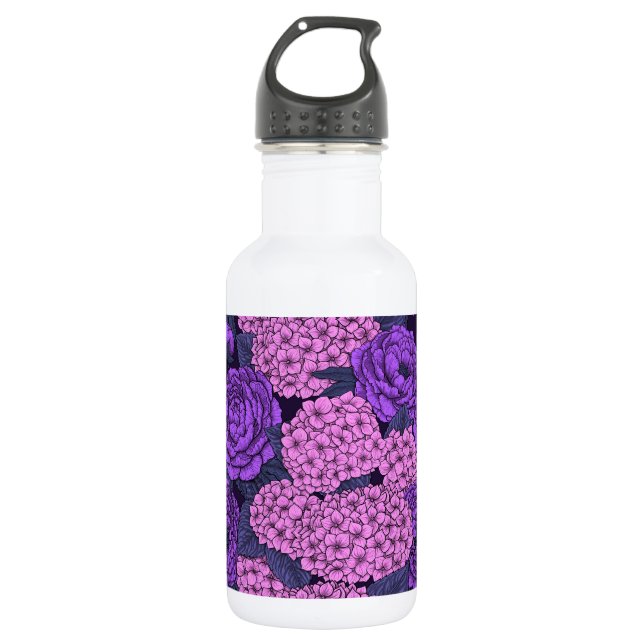 Peony and hydrangea in pink and violet stainless steel water bottle (Front)
