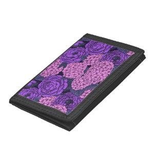 Peony and hydrangea in pink and violet trifold wallet