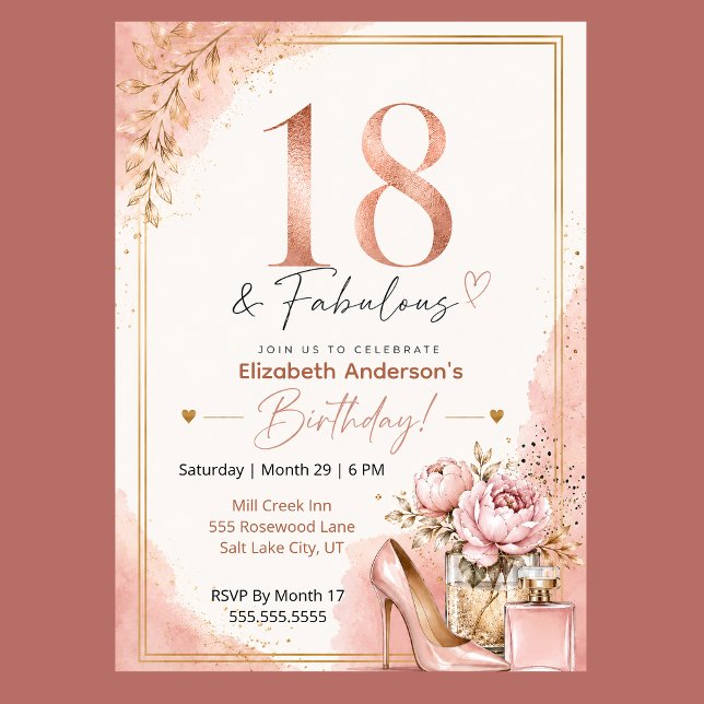 Peony and Perfume Fabulous 18th Birthday Invitation (Elegant 18th birthday invitation with blush pink watercolor, rose gold glitter, and peony flowers,)