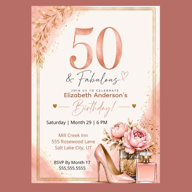 Peony and Perfume Fabulous 50th Birthday Invitation (Elegant 50th birthday invitation with blush pink watercolor, rose gold glitter, and peony flowers,)