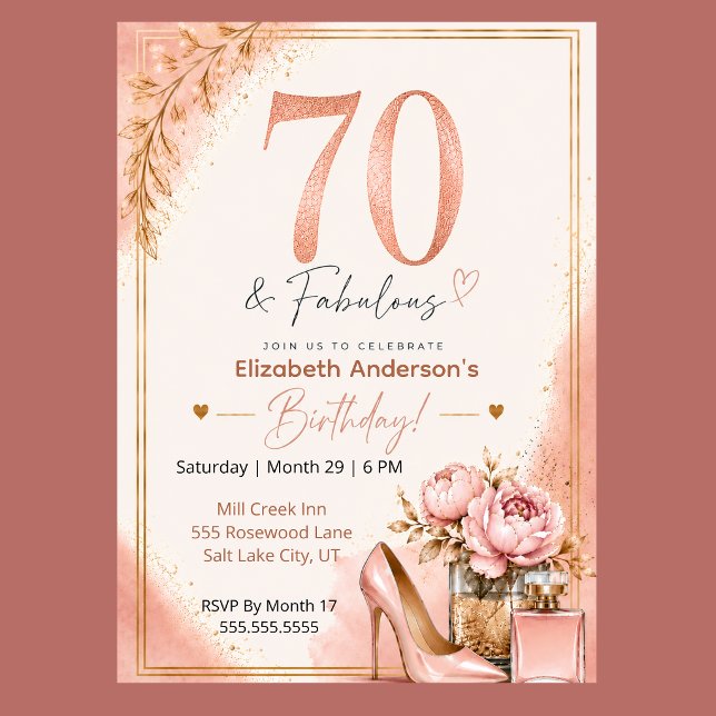 Peony and Perfume Fabulous 70th Birthday Invitation (Elegant 70th birthday invitation with blush pink watercolor, rose gold glitter, and peony flowers,)