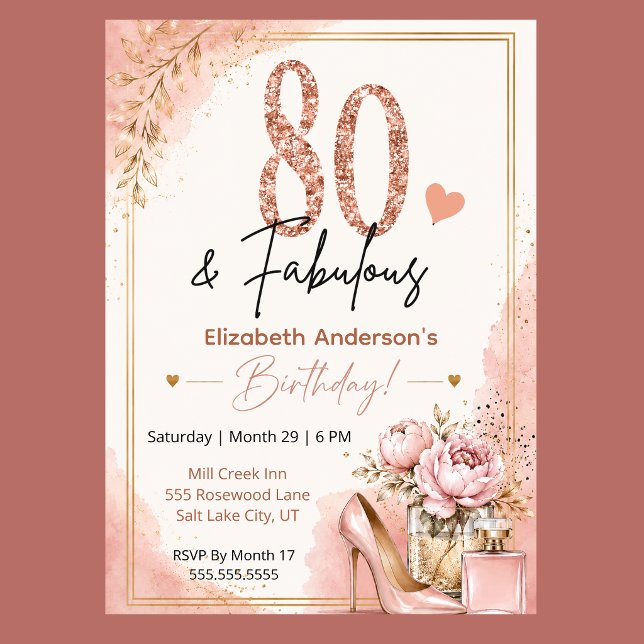 Peony and Perfume Fabulous 80th Birthday Invitation (Elegant 80th birthday invitation with blush pink watercolor, rose gold glitter, and peony flowers,)
