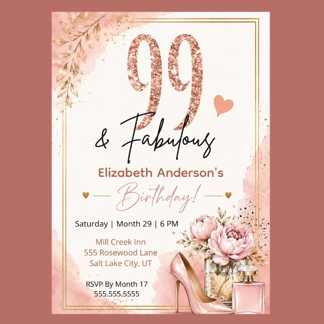 Peony and Perfume Fabulous 99th Birthday Invitation (Blush pink rose gold 99 and Fabulous floral birthday invitation with feminine glam style
)