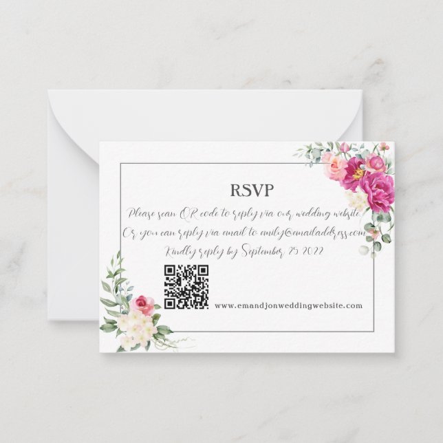 Peony and Rose Greenery  QR Code RSV Note Card (Front)