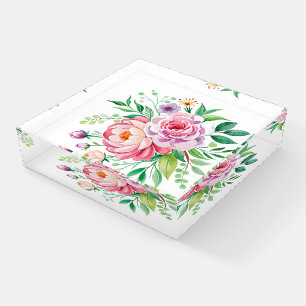 Peony and Roses Watercolor Floral Bouquet Paperweight