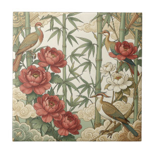 Peony Birds Bamboo Oriental Garden Scene Ceramic Tile