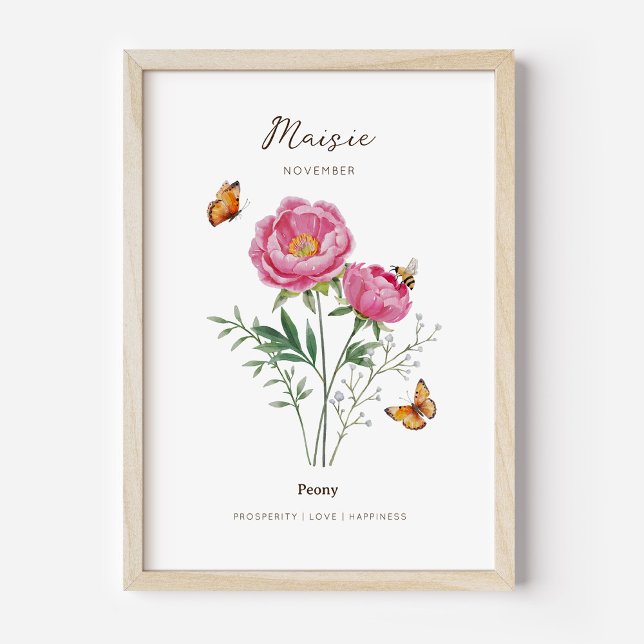 Peony Birth Month Flower Poster (Example of peony birth flower poster once framed. )