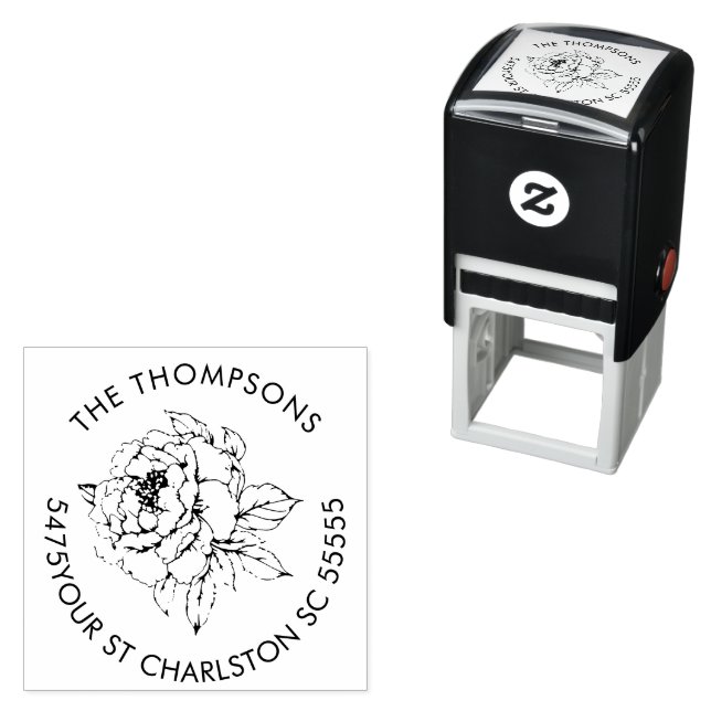 Peony Bloom Line art Address Self-inking Stamp (In Situ)