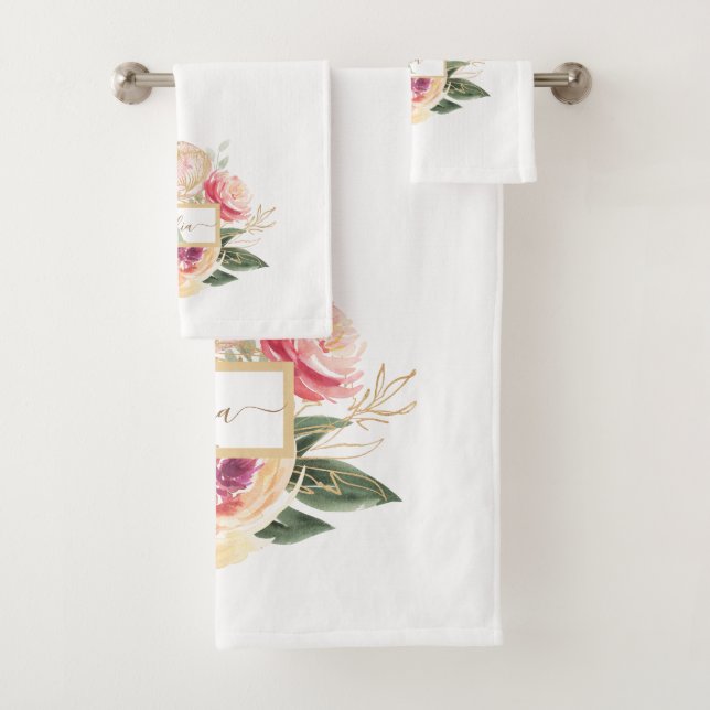 Peony Bloom monogram name Bath Towel Set (Insitu)