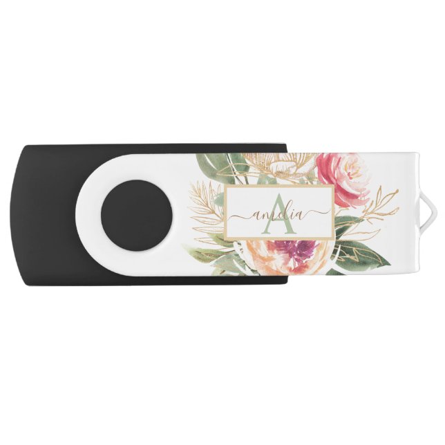 Peony Bloom monogram name Flash Drive (Front)