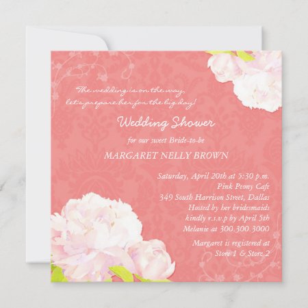 Peony Blooms Coral Bridal Shower Invitation