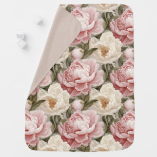 Peony Blossoms Large Pink White Floral Pattern  Baby Blanket