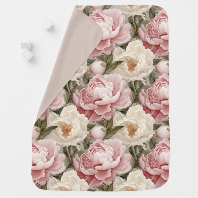 Peony Blossoms Large Pink White Floral Pattern  Baby Blanket (In Situ)