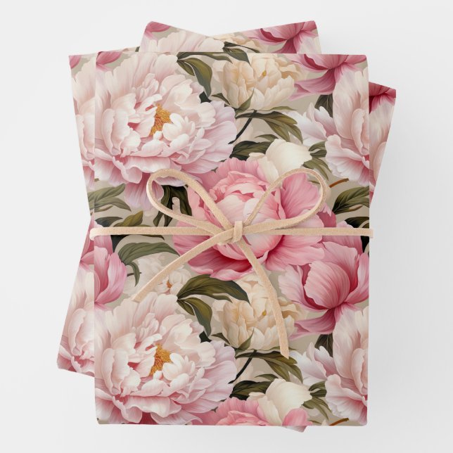 Peony Blossoms Large Pink White Repeat Pattern Wrapping Paper Sheets (In situ)