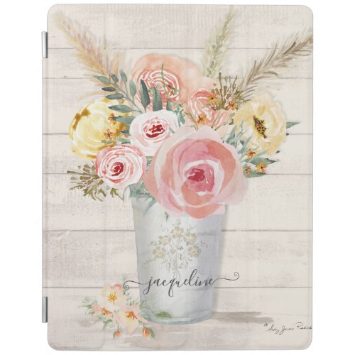 Peony Blush Boho Floral Watercolor Rustic Wood iPad Smart Cover