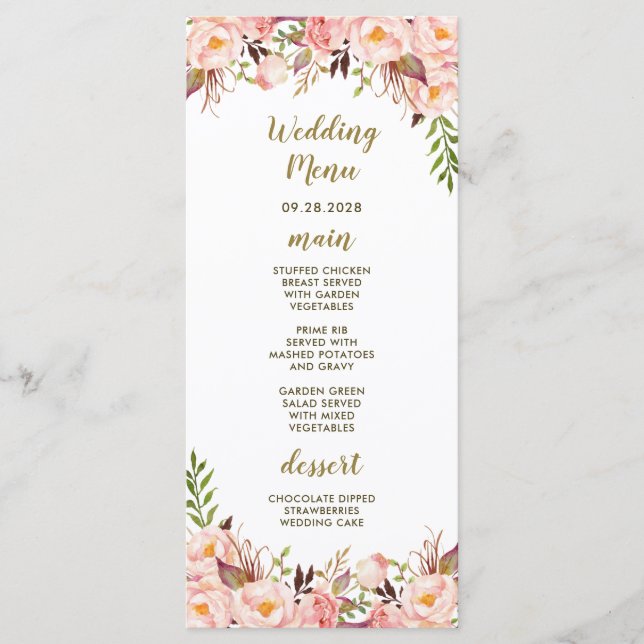 Peony Blush Pink and Gold Wedding Menu Cards (Front)