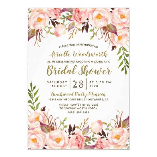 Peony Blush Pink Gold Bridal Shower Invitations