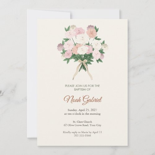 Peony Bouquet Baptism Invitation